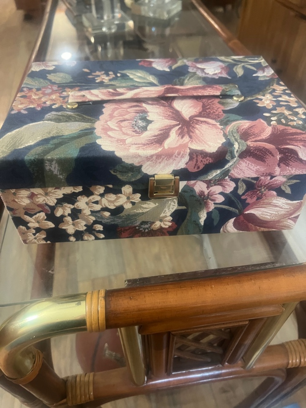 Vintage floral Jewelry Box in Navy with Pink Blossoms
